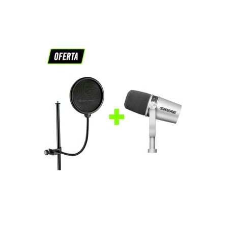 Paquete de 1 micrófono Shure MV7 de la serie Motiv + Filtro anti-pop para pedestal de micrófono