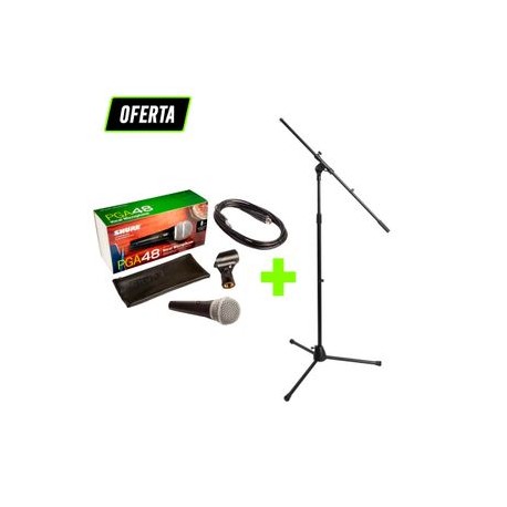 Paquete micrófono Shure PGA48-QTR con Stand para micrófono base Euro-Style con boom
