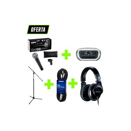 Paquete Micrófono SM58 con cable C25J, stand para micrófono, interfaz Shure MVi y audifonos SRH440