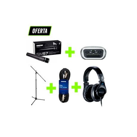 Paquete Micrófono SM57 con cable C25J, stand para micrófono, interfaz Shure MVi y audifonos SRH440